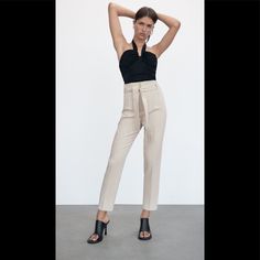 Zara High-Belted Pants Ecru Color Simply Beautiful Belted Beige Trousers, High Waist Beige Belted Pants, Elegant Belted Bottoms With Paperbag Waist, Elegant Belted Paperbag Waist Bottoms, Chic Belted Paperbag Waist Pants, Chic Cream Tapered Leg Bottoms, Chic Paperbag Waist Pants With Belt Loops, Chic Belted Ankle-length Pants, Chic Belted Pants