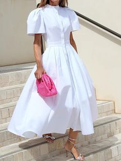 Elegant Plain A-line Maxi Dress, Classic Solid Color Maxi Dress, White Solid Color Maxi Dress, Classic Summer Maxi Dress, Chic Fitted Plain Maxi Dress, Solid Color Maxi Dress For Work, Solid Color Spring Dresses With Stand Collar, Elegant Plain Party Dress, Classic Solid Maxi Dress