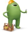 a green cartoon character standing next to a basket with food on it's head