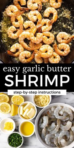 shrimp is being cooked in a skillet with lemons, garlic and other ingredients