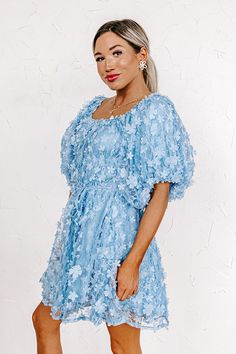 puff sleeve, floral, blue mini dress, lace Turquoise Mini Dress Puff Sleeves, Rush Week Outfits, Mini Lace Dress, Styling Portfolio, Rush Week, Week Outfits, Lace Material, Lace Mini Dress, Puff Sleeves