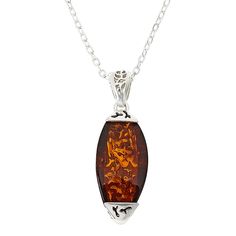 Amber Extraordinaire Sterling Silver Wedge Pendant With 18" Chain  Freeform cutouts adorn this stunner's setting and bail and create an eye-catching contrast between glowing amber and shining sterling silver.        Pendant approx. 1-3/8"L x 7/16"W     Chain approx. 18"L x 1/16"W with 3/16" extender     Stamped .925 sterling silver; polished finish      Anchor-link chain: spring-ring clasp            Stone Information       All sizes and weights approximate     Honey Amber: Rectangular (19.5x11m Amber Necklace Hallmarked For Anniversary, Amber Hallmarked Necklace For Anniversary, Baltic Amber Necklaces As Gifts, Amber Necklace With Polished Finish For Anniversary, Oval Amber Necklace For Anniversary, Elegant Brown Sterling Silver Necklace, Elegant Orange Necklace With Polished Finish, Amber Pendant Necklace With Lobster Clasp, Nickel-free Amber Sterling Silver Necklace