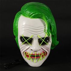 Light Up Green EL Wire Joker Mask Green Halloween Cosplay Mask, Green Halloween Masquerade Mask And Prosthetics, Green Halloween Masquerade Mask, Joker Mask, El Wire, Costume Parties, Theme Parties, Aa Battery, Halloween Cosplay