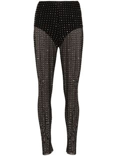 black mesh design semi-sheer construction crystal embellishment super-skinny cut high-waisted elasticated waistband raw-cut hem Rhinestone Leggings, Chloe 2024, Embellished Leggings, Versace Outfit, Yoko London, City Dress, Summer Beach Wear, Mesh Design, Crystal Embellishment