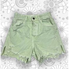 Brand New Without Tags! Zara Green Denim High Waisted Denim Shorts Cheap Green School Shorts, Acid Wash High Rise Cotton Bottoms, Acid Wash High-rise Cotton Bottoms, Acid Wash Jean Shorts With Frayed Hem For Spring, Green Denim Summer Shorts, Green Denim Shorts For Summer, Trendy Green Cutoff Jean Shorts, Acid Wash Cotton Cutoff Bottoms, Trendy Green Cutoff Shorts