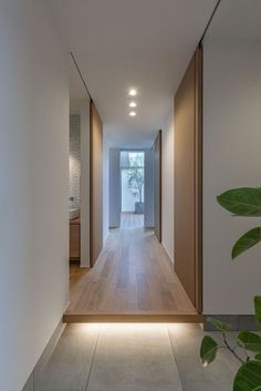 an empty hallway leading to the bathroom and living room in a modern house with wood trimming