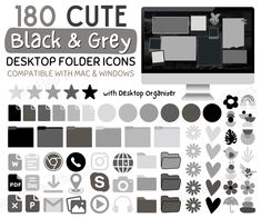 the black and grey desktop folder icons are displayed in this graphic design pack, which includes various