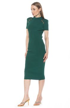 Allover ribbing lends textural play to this fitted midi dress trimmed with polished buttons for added charm. 48" length (size X-Small) Exposed back-zip closure Funnel neck Short sleeves 80% viscose, 20% nylon Hand wash, dry flat Imported Green Ribbed Midi Dress, Fitted Midi Bodycon Dress With Buttons, Evening Knee-length Midi Dress With Buttons, Ribbed Knee-length Midi Dress For Work, Knee-length Bodycon Dress With Button Closure, Fitted Midi Dress With Button Closure, Chic Knee-length Bodycon Dress With Button Closure, Ribbed Knee-length Midi Dress For Party, Fitted Midi Dress With Side Buttons