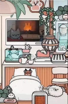 a bed room with a fire in the fireplace and lots of stuffed animals on it