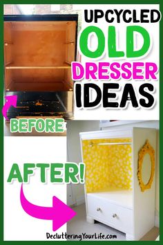 an upcycled old dresser has been transformed into a diy project with paint