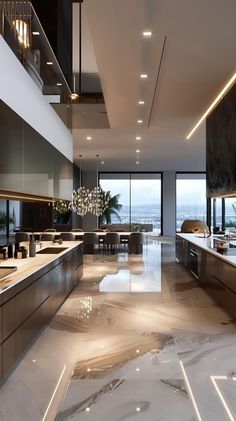 an elegant kitchen with marble floors and large windows