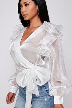 White Ruffle Surplice Blouse Chiffon Outfit, White Ruffle Shirt, Royal Closet, Surplice Blouse, Glitter Blouse, Feminine Blouses, Blouse Sale, White Chiffon, Ruffle Shirt