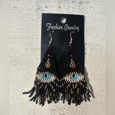 Brand New Black Beaded Evil Eye Tassel Earrings Eye Of Protection Earrings New Approximately 3 Inches J7 Trendy Black Earrings For Festivals, Trendy Tassel Earrings With Dangling Beads For Party, Trendy Party Tassel Earrings With Dangling Beads, Trendy Black Festival Earrings, Black Beaded Drop Earrings For Festival, Black Beaded Dangling Earrings For Festival, Trendy Black Beaded Earrings For Party, Trendy Tassel Earrings With Dangling Beads, Trendy Beaded Tassel Earrings For Party