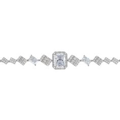 Elevate your elegance with the Crawford Tennis Bracelet in Silver White, a masterpiece of Art Deco elegance.  This stunning bracelet is resplendent with simulated diamonds and at its heart lies a large rectangular setting, beautifully flanked by three smaller rectangular settings on each side, each featuring a single gemstone or a cluster of stones.  The design continues with the smallest rectangular settings, all adorned with sparkling simulated diamonds, stretching along the remaining length o Evening Jewelry With Jubilee Bracelet And Cubic Zirconia, Elegant Diamond Tennis Bracelet With Sparkling Stones, Evening Diamond White Bracelets With Diamond Accents, Elegant White Gold Tennis Bracelet For Party, Diamond White Bracelets With Diamond Accents For Evening, Luxury White Diamond Bracelet With Sparkling Stones, Fine Jewelry Cubic Zirconia Diamond Bracelet For Evening, Cubic Zirconia Diamond Bracelet For Evening, Elegant White Gold Bracelet With Sparkling Stones