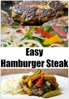 hamburger steak with peppers and onions is shown in three different pictures, including the meat on top