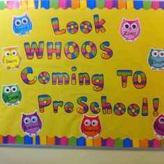 a bulletin board with colorful owls on it that says, look who's coming to preschool