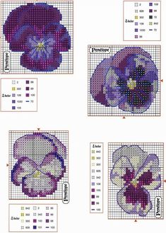 four cross stitch designs with different flowers on the same page, each in purple and white