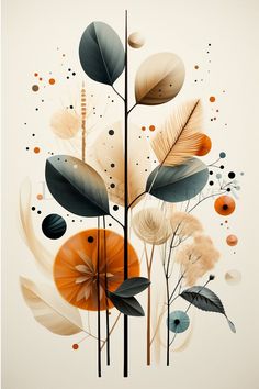 an abstract painting with leaves and dots