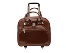 a brown suitcase with wheels and handles