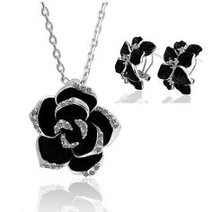 Enamel Flower Jewelry Set Rose Gold Black for Women Wedding Jewelry Black Rose Jewelry, Mode Rose, Black Painting, Crystal Jewelry Sets, Silver Jewellery Sets, Rose Jewelry, Black Pendant, Black Jewelry, Rhinestone Jewelry