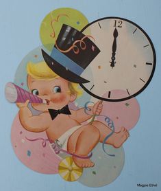 there is a clock and a baby with a hat on it's head that says happy new year