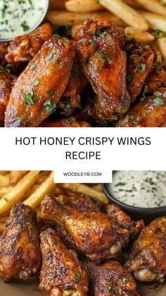 chicken wings and fries with ranch dressing on the side, and hot honey crispy wings