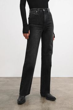 Black High Rise Straight Leg Jeans - Rowan Jeans | Marcella Classic Straight Leg Flare Jeans With Frayed Hem, Black Cropped Straight Hem Jeans With Five Pockets, Black Cropped Jeans With Five Pockets, Black Cropped Jeans With Straight Hem, Classic Black Cropped Jeans With Straight Hem, Classic Jeans With Frayed Hem For Fall, Black Jeans Straight Leg, Black Flare Jeans For Fall, Chic Washed Black Jeans With Frayed Hem