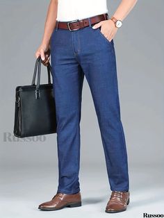 Russoo - Mens Business Casual Straight Leg Denim Pants: Stylish Stretch Jeans with Pockets Business Casual Slim Fit Jeans With Pockets, Business Casual Denim Blue Casual Pants, Denim Blue Casual Business Pants, Casual Denim Blue Pants For Business Casual, Slim Fit Denim Blue Pants With Pockets, Business Casual Denim Pants With Pockets, Business Casual Denim Jeans, Business Casual Denim Blue Pants With Pockets, Business Casual Dark Wash Pants With Pockets