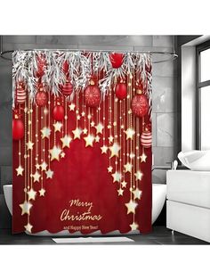 a red shower curtain with christmas decorations on it