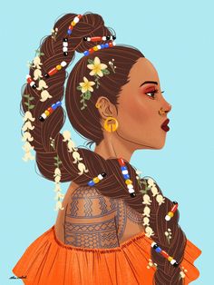 an illustration of a woman with braids and flowers in her hair