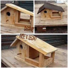 three different views of a birdhouse made out of wood