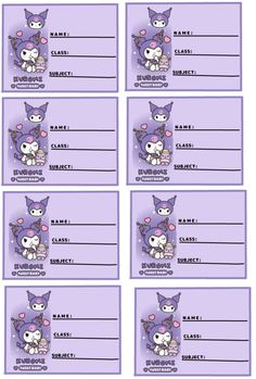 four purple labels with cartoon cats and kittens in the middle, one is for sale