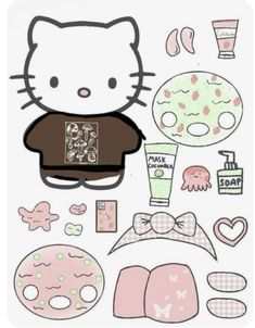 a hello kitty sticker sheet with various items on the top and bottom half of it