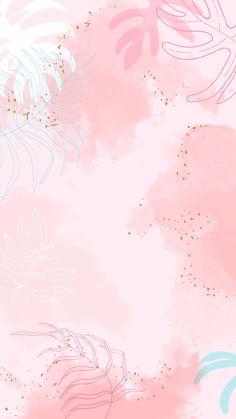 a pink and blue wallpaper with leaves on it