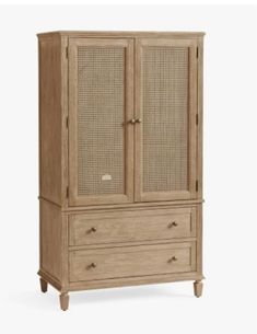 an armoire with wicker doors and drawers on the bottom, in light wood