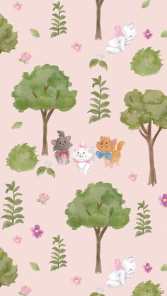 a pink background with trees and animals on it