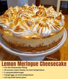 a lemon meringue cheesecake on a cake plate with instructions to make it