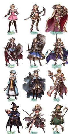 an image of some anime characters with different outfits and hair styles, all holding swords