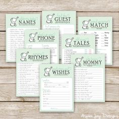 six baby shower games for boys and girls, with the name's on them