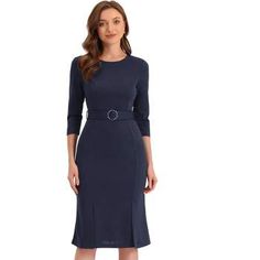 Elegant Blue Bodycon Dress For Work, Elegant Blue Bodycon Office Dress, Elegant Blue Bodycon Dress For Office, Work Office, Pencil Dress, Round Neck, High Waisted, Blue