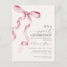 a pink ribbon birthday party card with the words it's a sweet celebration