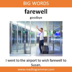 a man standing in an airport with his hand up and the words farewell goodbye written below him