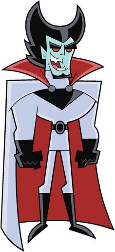 a cartoon character with an evil look on his face and red cape, standing in front of