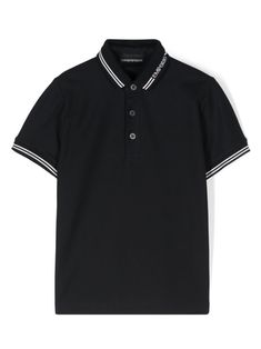 navy blue cotton piqué weave striped border polo collar intarsia-knit logo short sleeves short side slits straight hem short front button fastening Polo For Kids, Luxury Casual Polo Collar T-shirt, Armani Kids, Armani Shirts, Kids Polo T-shirt, Knit Logo, Armani Tshirt, Kids Logo, Boys Top