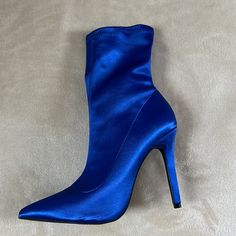 Qupid Blue Lycra High Heels Boots. Box Has Wear . 3 Inch Heels. Ankle Length Boots. Blue Heel Boots, Fitted Blue Ankle Boots, Stretch High Ankle Party Boots, Stretch High Ankle Boots For Party, Blue Stilettos, Qupid Shoes, Blue Boots, 3 Inch Heels, Blue Heels