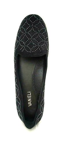 Studded suede upper. Easy slip-on design. Dressy loafer in a round-toe silhouette. Textile insole and lining. Lightly padded footbed. Rubber sole. Heel Height: 1⁄4 in Brand: Vaneli Style: Loafer Color: Black Department: Women Type: Casual Size: US 9.5 Upper Material: Suede EUR Shoe Size (Women's): No UK Shoe Size (Women's): No Features: Comfort Pattern: Solid Shoe Width: Medium (B, M) Heel Height: 0.25 Product Line: Vaneli Sagar Closure: Does Not Apply Vintage: No AU Shoe Size: No Occasion: Casu Black Suede, Women's Shoes, Rubber Sole, Heel Height, Loafers, Slip On, Women Shoes, Sandals, Heels