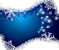 a blue christmas background with snowflakes and baubles hanging from it's sides