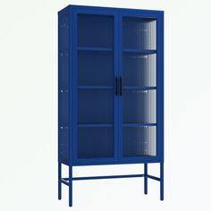 a blue metal cabinet with glass doors on the front and bottom shelves, against a white background