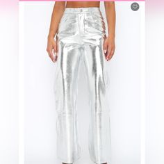 Nwt White Fox Push The Button Metallic Pu Pants Silver, Large. Super Cute Pants. The Waist Runs Small. They Don't Fit Me And I'm A Size 10. Would Best Fit A Size 4 Or 6 I Would Say. I Took Them Out Of The Bag, Realized They Wouldn't Fit And Put Them Right Back In. Matching Crop Top Available In Another Listing Silver Trousers, Push The Button, Silver Pants, Boutique Pants, Button Pants, Bachelorette Outfits, Mango Jeans, Cute Pants, Leather Pant