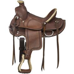 a brown horse saddle with white piping